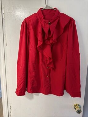 SHEIN Red Ruffled Front Long-Sleeve Blouse